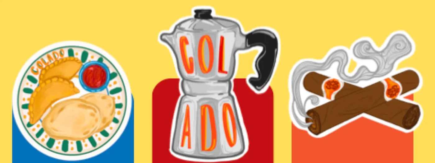 Three Colado x Majesty sticker designs by Majesty Reyes on a yellow background: a plate of empanadas and pupusas with COLADO on the rim, a greca coffee pot lettered COLADO, and two crossed Cuban cigars